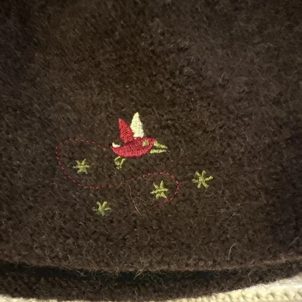 Pistil Brown Wool Beanie Hat Lined Size M Womens Embroidered Bird 100% Wool